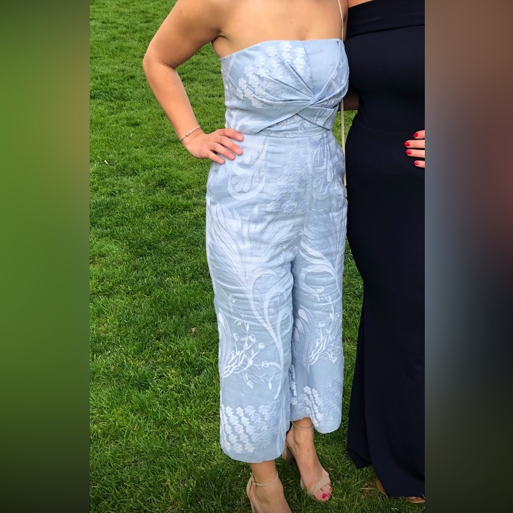 Anthropologie Embroidered silk linen Strapless jumpsuit